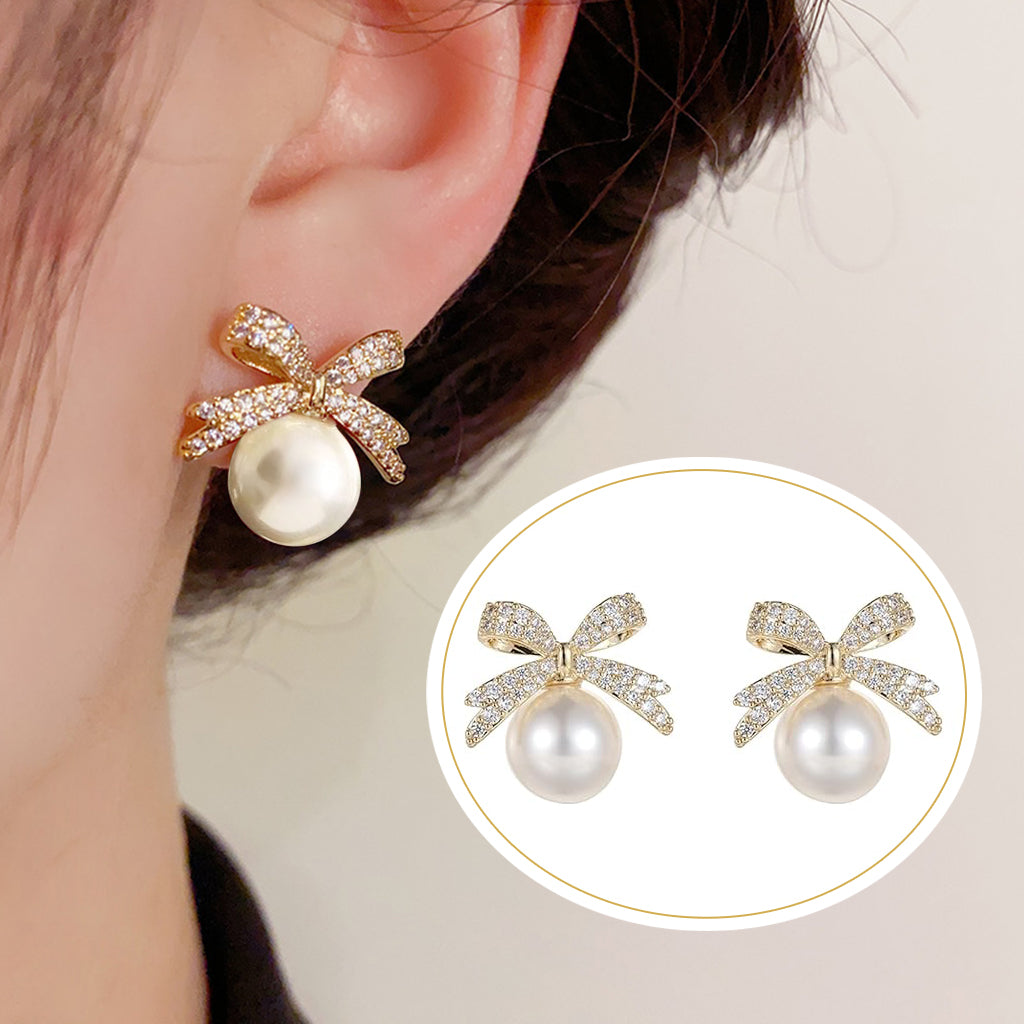 ZIBUYU Pearl Bow Earrings,Rhinestone Cute Alloy Ribbons Drop Earrings,Christmas Party Jewelry Earrings,Silver Needle Inlaid Diamond Style Design