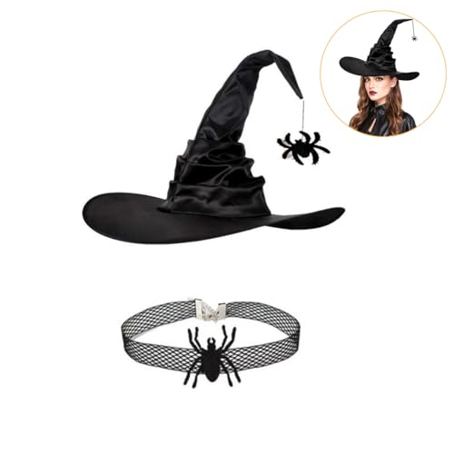 PATPAT® Pointed Top Witch Women Men Hat Character for Halloween Spider Pendant - Black