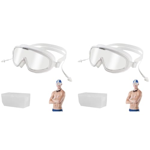 Proberos® Big Frame Anti-Fog Swim Goggles with UV Protection Waterproof Earplugs for Men Women Leakproof Silicone Design Adjustable Strap Protective Case Wide-Vision Clear Lens White 2PCS