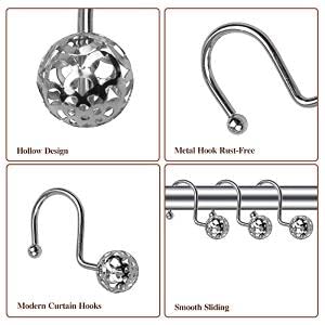 ELEPHANTBOAT Shower Curtain Rings for Bathroom Rods featuring 12 Metal Rustproof Hooks with Hollow Ball Design