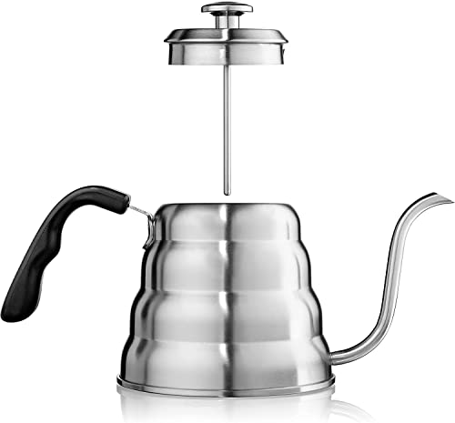 HASTHIP® Pour Over Gooseneck Coffee Kettle with Thermometer Premium 3-Layer Stainless Steel Base 40fl oz/1200ml Compatible with All Stovetops 2 PCS Coffee Accessories Set for Home, Cafe & Travel
