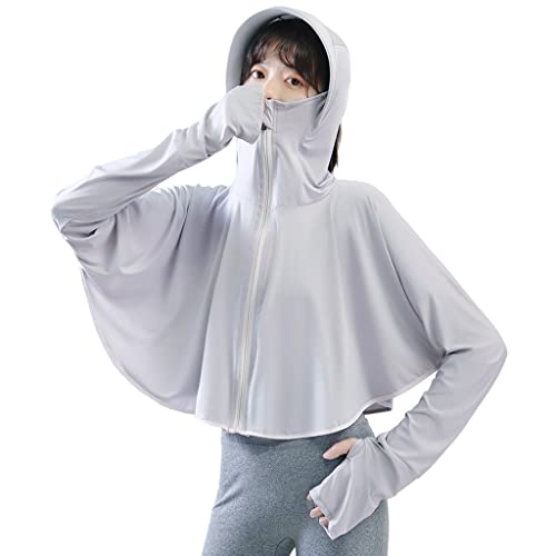 PALAY® Sun Protection Jacket for Women, UPF 50+ Hoodie Jacket with Face Cover, Stylish Summer Long Sleeve Zip Up Cooling Shirt for Outdoor Riding, Hiking - Grey