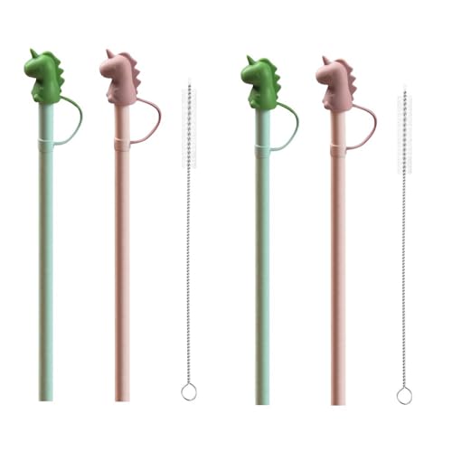 HASTHIP® 4PCS Silicone Straw with Cleaning Brush 12 inches Colorful Straws for Water Bottle BPA Free Reusable Kids with Cartoon Dino Cap