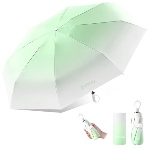PALAY® UPF50+ UV Protection Folding Umbrella, Compact Auto Open Sun & Rain Umbrella for Women  Floral Design Windproof Travel Lightweight Portable Handbag Size with Curved Handle (Green)