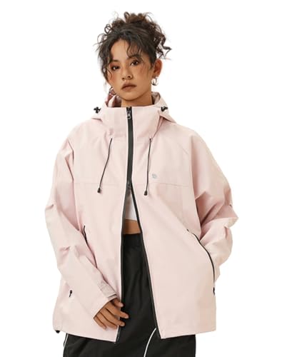 Venzina® Outdoor Hiking Jacket for Women Windproof, Splashproof Hoodie with Pockets, Dual-Way Waterproof Zipper, Loose Fit Long Sleeve Fashion Outdoor Couple Jacket for Hiking, Daily-Pink-L