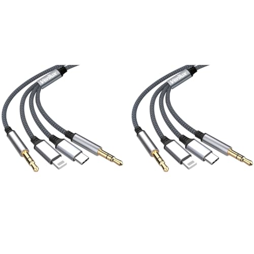 Verilux® 3 in 1 Car Aux Cable USB C to 3.5mm Audio Cord Stereo Compatible with Galaxy S23 S22 S21FE OnePlus iPhone 14 13 12 XR 2 PCS