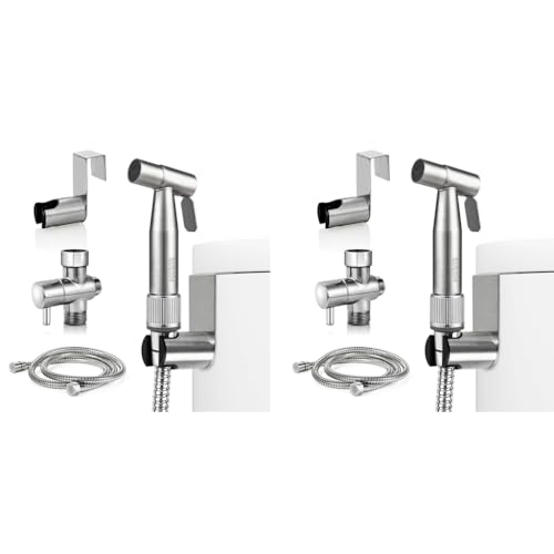 HASTHIP® Toilet Spray Gun Pressurized Handheld Sprayer Bidet Hose Stainless Steel Rinser No Drill Universal G1/2 Spray for Installation Kit 4ft Soft Hose 2PCS