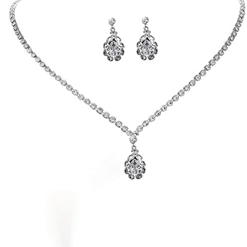 SANNIDHI® Women Necklace Earrings Set Rhinestone Necklace Earstud Bridal Wedding Jewelry Sets Zircon Pendent Necklace Prom Gift Jewelry Set for Women and Girls