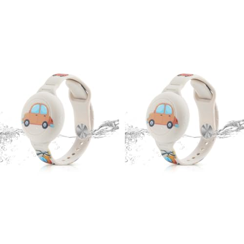 ZORBES® Kids Air-Tag Bracelet Cartoon Silicone 9 Inches Adjustable Wrist Band for Air Tag Anti-Lost Waterproof Full Cover Protection White 2PCS