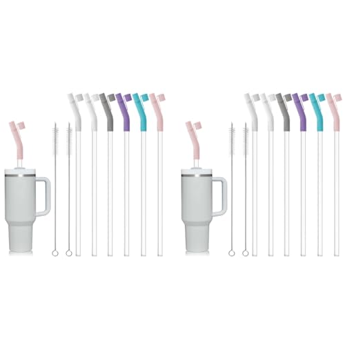 HASTHIP® 24PCS Straw Extender Caps Silicone Drinking with Dustproof Cap Transparent Bent Straws 2 Straw Cleaning Brushes Universal for 8-10mm Straws