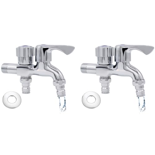 HASTHIP® 2 in 1 Brass Dual Tap for Washing Machine, Two Way Tap for Washing Machine, Washing Machine Taps with Wall Flange, Hrome-Plated Copper, for Bathroom/Kitchen (Silver) 2 PCS