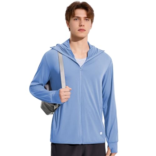 Venzina® UPF 50+ Sun Jacket for Men Lightweight UV Sun Protection Hoodie with Chin Strap, Quick Dry Sunscreen Clothing Long Sleeve Sun Shirts for Hiking Fishing, Blue, L
