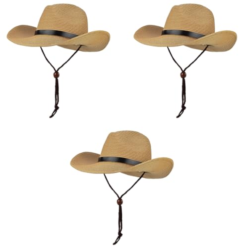 Proberos® Men's Straw Panama Hat Summer Fedora Trilby Wide Brim Adjustable Chin Strap UV Protection Breathable Lightweight Cowboy Style Ribbon Accent Outdoor Sun Cap 3PCS