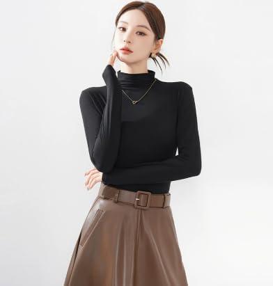 Venzina® Women Long Sleeve Top Mock Neck Slim Fit Top, Solid Color Basic T-Shirt Blouse Base Wear Soft Stretch Pullover Tee, Black-XL