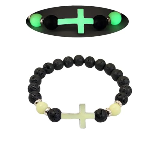Proberos® Bracelet for Men Natural Volcanic Stone Luminous Cross Bracelets Healing Crystal Elastic Stretch Beads Bracelet Religion Holy Communion Bracelets for Women
