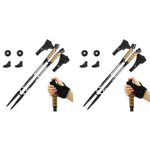 Proberos® 1 Pair Trekking Poles with Grab Straps 53 in Telescopic Right Left Hand Sticks 260g Aluminum Alloy Hiking Tungsten Tips Anti-Slip Cork Handle Design Black 2PCS
