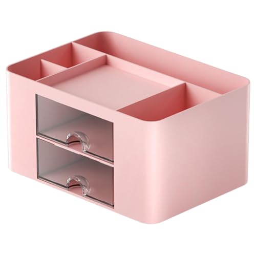 ZIBUYU® Pencil Pen Holder Desk Organizer 2 Drawer 5 Compartment ABS Storage Box, Cute Pink Stationery Supplies Organizer for Office, Home, School, College, Study Table, Makeup & Craft Use (Pink)