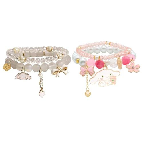 SANNIDHI® Crystal Bead Bracelet for Women & Girls, 2Pcs Elastic Cinnamoroll Charm Bracelets with Cute Beads, Beige Jewelry Gift for Kids Sisters Friends, for Birthdays, Festivals & Events