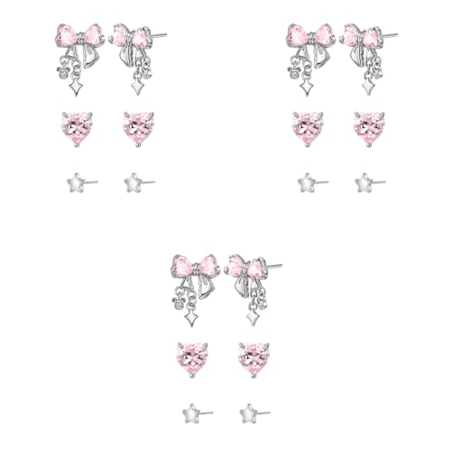 SANNIDHI® 3 Pairs Earrings Set for Women Girls Stylish Silver Hypoallergenic Pink Rhinestone Bow Stud Stainless Steel Cartilage Combo Multiple Piercing 3 PCS