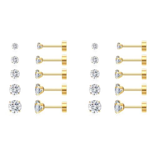 SANNIDHI® 5 Pairs Earrings for Women Flat Back Gold Cartilage Stud Cubic Zirconia 316L Stainless Steel Hypoallergenic Nickel-Free 3/4/5/6/8mm 2 PCS