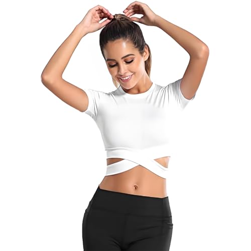 SANNIDHI® Womens Short Sleeve Crop Tops Tummy Cross Short Sleeve Shirts Gym Workout Gym Workout Cropped Tank Tops for Yoga Fitness Running, L