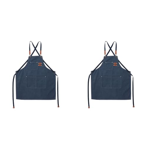 HASTHIP® Canvas Work Apron for Men Women Dark Blue Adjustable Tie-Back Multiple Front Pockets Metal Eyelets Heavy Duty Kitchen Barista Woodwork Workshop Stain Tear Resistant 2PCS