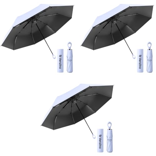 Venzina® UPF 50+ Sun Umbrella Pocket Black Coated Liner Fiberglass Ribs Design Fashion Folding Travel Lightweight with Rubberized Loop Handle Purple 3PCS