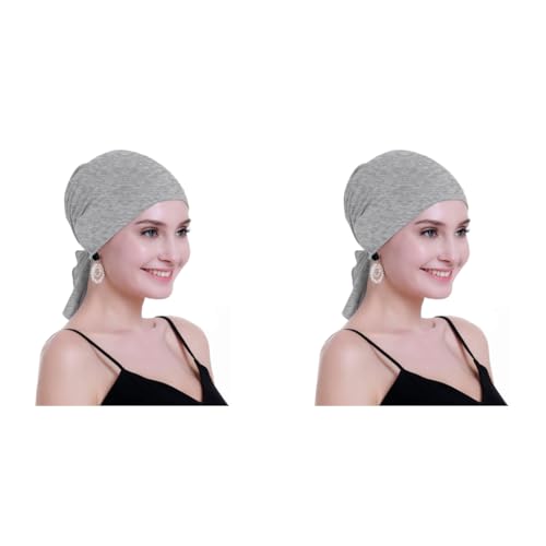 PALAY® Stretchy Head Scarf for Women Pre-tied Wrap Turban Cap Headwear Beanie Chemo Grey 2 PCS