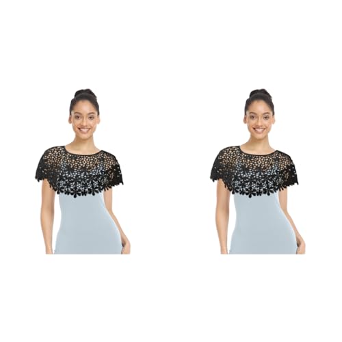 PALAY® Knitted Shawl Capes for Women Crochet Floral Pattern Poncho Cover Up Shawl Beach Wear Knitted Loose Shrugs Top for Women for Off-shoulder, Beachwear, Gown, Strapless, Black 2 PCS
