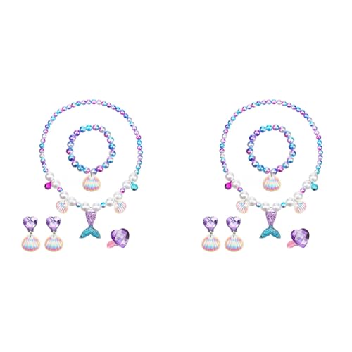 SANNIDHI® Mermaid Necklace Bracelet Kids Jewellery for Girls Set of 5 Pearl Beads Seashell Earrings Ring Kit Party Costume Jewelry Toddler Birthday Christmas Gift 2 PCS