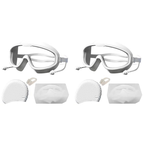 Proberos® Adult Swim Goggles Swimming Cap Unisex Professional with Integrated Ear Plugs Anti-fog Diving for Surfing Kayaking White 2 PCS