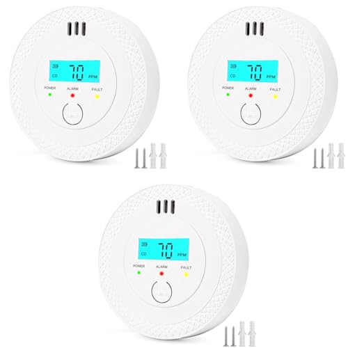 Serplex® Carbon Monoxide Detector CO Alarm with Digital LCD Display 90dB Sound and Light Leak Monitor for Home Bedroom Kitchen Battery Not Included 3PCS