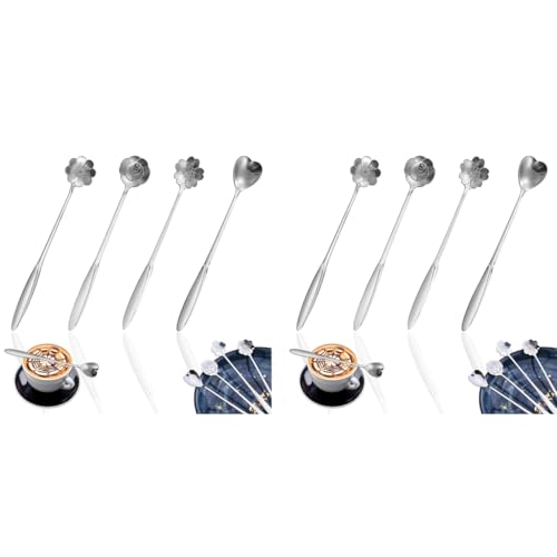 HASTHIP® 8PCS Silver Stainless Steel Coffee Spoon Set 18cm Gold Flower Design Multipurpose Tableware for Kitchen Tea Desserts and Gifting