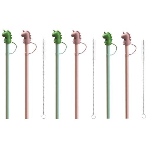 HASTHIP® 6PCS Silicone Straw with Cleaning Brush 12 inches Colorful Straws for Water Bottle BPA Free Reusable Kids with Cartoon Dino Cap