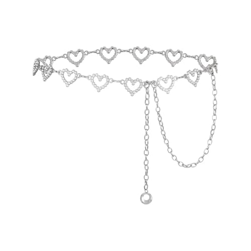 SANNIDHI® Waist Chains for Women Silver Rhinestone Hearts Waist Belt Adjustable Chain Belts for Women Dresses, Jeans, Skirts, Beach Outfits