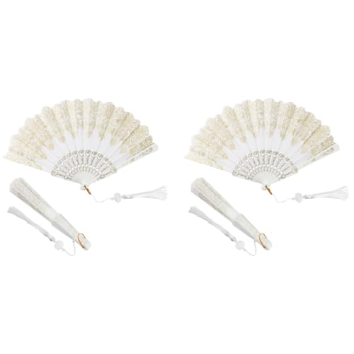 HASTHIP® Hand Fan Elegant White Fabric Traditional Chinese with Tassel Charm Summer Handheld Cooling Travel Gift for Girls Women 9 inches 2 PCS