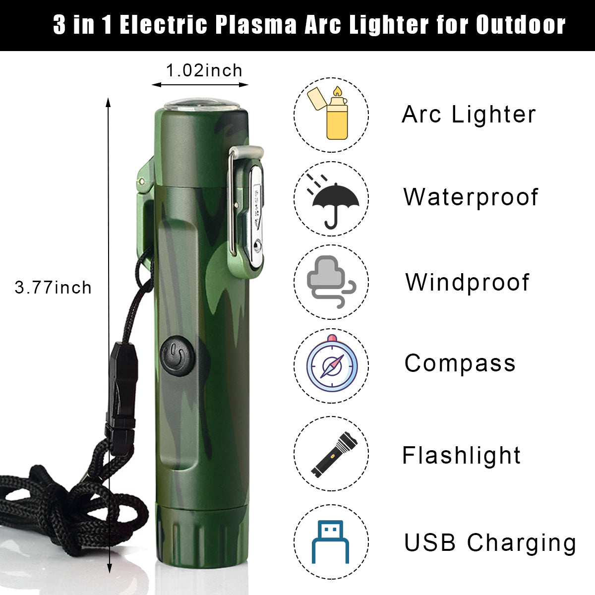 ELEPHANTBOAT® 3 in1 Electric Lighter with Flashlight and Compass, Windproof and Waterproof Rechargeable Dual Arc Plasma Beam Torch Lighter for Camping Hiking Adventure Survival Tactical Gear