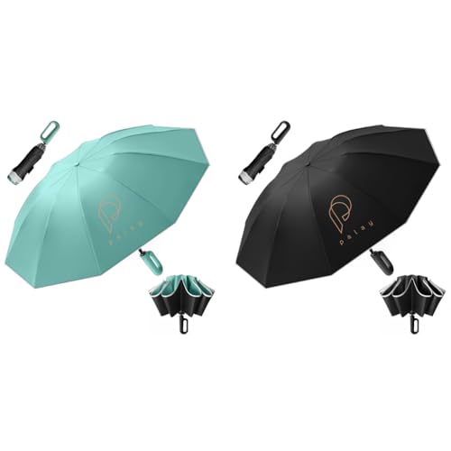 PALAY® 50'' Large Folding Umbrella for Men & Women, Windproof, Reflective Strap, 10 Reinforced Ribs, 99% UV Protection, Carabiner Handle, Automatic Open/Close, Ideal for Travel & Outdoor Use