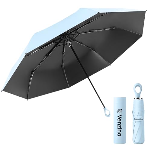 Venzina® UPF 50+ Sun Umbrella Pocket Sun Umbrella Black Coated Liner & Fiberglass Ribs Design Fashion Folding Travel Lightweight Umbrella with Rubberized Loop Handle, Blue