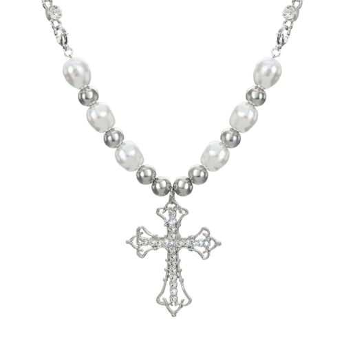 Venzina® Cross Necklace for Women, Girls Cross Pendant Chain for Women Crystal Pearl Pendant Stainless Steel Beads Cross Pendant Necklace, Cool Punk Bling Chain Pendant Jewellery Gift for Women - 1