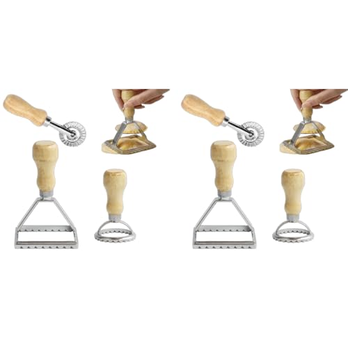 HASTHIP® Ravioli Stamp Maker Cutter with Roller Wheel Set of 3 Wooden Handle Fluted Edge for Pasta Dumplings Lasagna Pierogis 2PCS