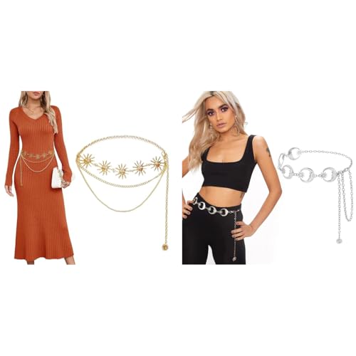 Venzina® Gold & Silver Waist Chain Combo for Women, Moon Sun Star Metal Hip Belt, 3 Layer Fashion Accessory for Saree, Dress, Jeans, Bodycon, Blazer, Suit, Party & Ethnic Wear