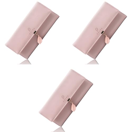 PALAY® Womens PU Leather Long Wallet Leaf Pendant Card Holder Phone Pocket Girls Zipper Coin Purse Pink 3PCS