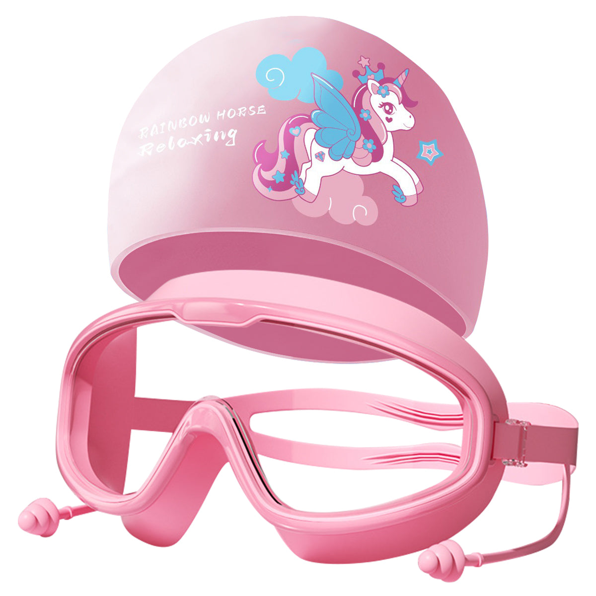 Proberos Girls Swim Cap & Swimming Goggles HD Anti-Fog Swimming Goggles Waterproof Goggles with Intergrated Ear Plugs Cartoon Unicorn Silicone Swim Cap Swimming Gear Set for Girls Age 6-14