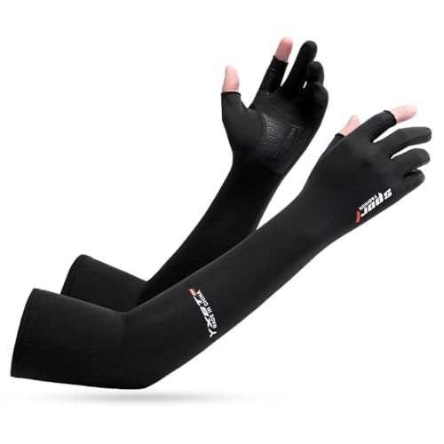 PALAY® Riding Arm Sleeve for Men Women Sun Protection Close-fit Stretchy Arm Sleeve Open Finger Tip Design Ice Silk Cool Feel Arm Sleeve for Running, Riding, Driving, Black