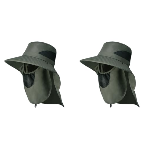 GUSTAVE® Men Silicone Sun Hat Wide Brim Hiking UV Protection with Neck Flap Removable Face Cover Green Free Size 2PCS