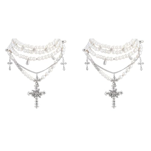 SANNIDHI® Pearl Necklace for Women Girls Gothic Rose Cross Pendant Chain Layered Stainless Steel Beads Choker Punk Aesthetic Jewellery Gifts 2PCS