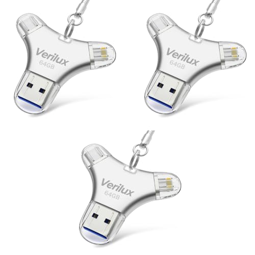 Verilux® Pendrive 64GB 4 in 1 C Type with Lightning Micro USB A Type-C Interface Mini Hangable for iOS Android Compatible iPhone iPad PC Devices 3PCS