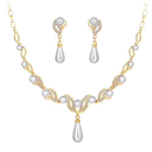 Venzina® Pearl Necklace & Earrings Set Gold Luxury Pearl Necklace Earrings for Women Glamorous Rhinestone Jewelry for Gowns, V Neck Dress, Evening Dresses