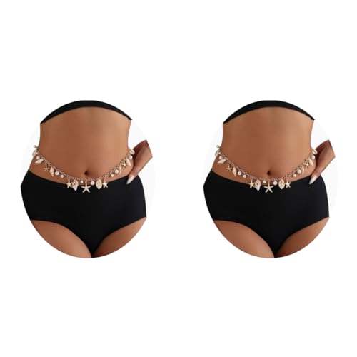 SANNIDHI® Waist Chain for Women Sexy Starfish Shell Bikini Body Hip Chain for Women Saree, Mermaids Pearl Belly Waist Belt for Beach Wear - Gold, Adjustable 3 PCS